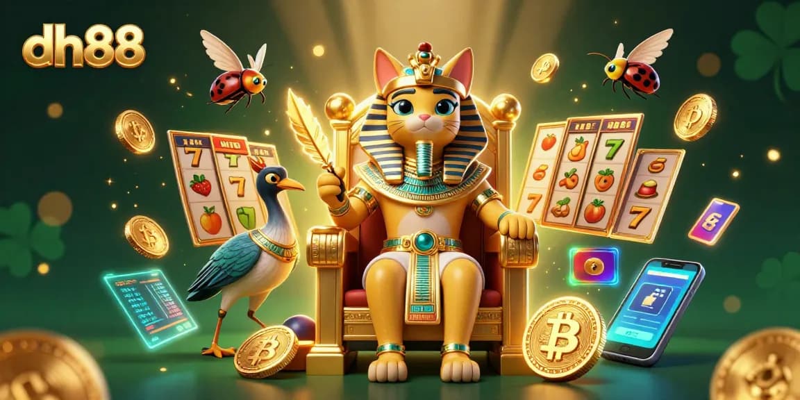 Experience thrilling gambling with dh88 as our Egyptian pharaoh presides over vibrant slot reels and crypto coins.
