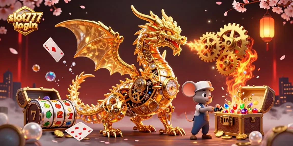 Win big with slot777 login in this captivating 3D illustration showcasing vibrant casino elements and a golden dragon!