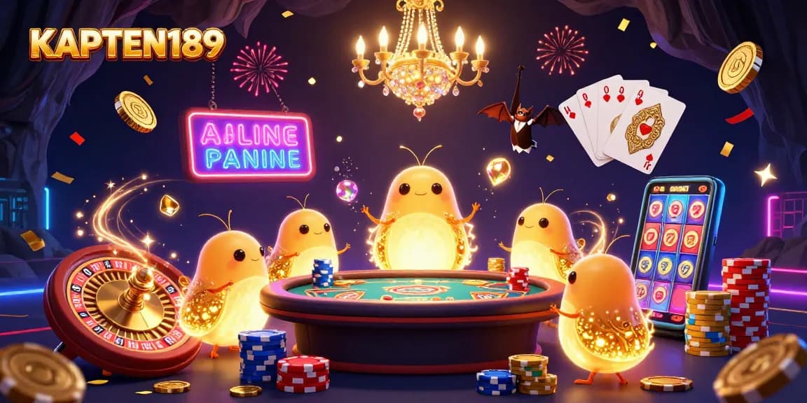 KAPTEN189 bermain slot online dengan keceriaan di kasino digital, dikelilingi koin emas dan efek cahaya yang menawan.