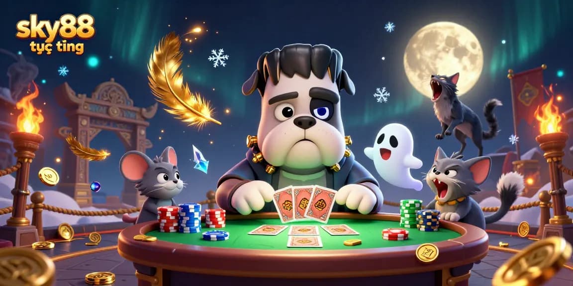 Experience the thrill of sky88 trực tiếp with a lively card game scene featuring unique characters.