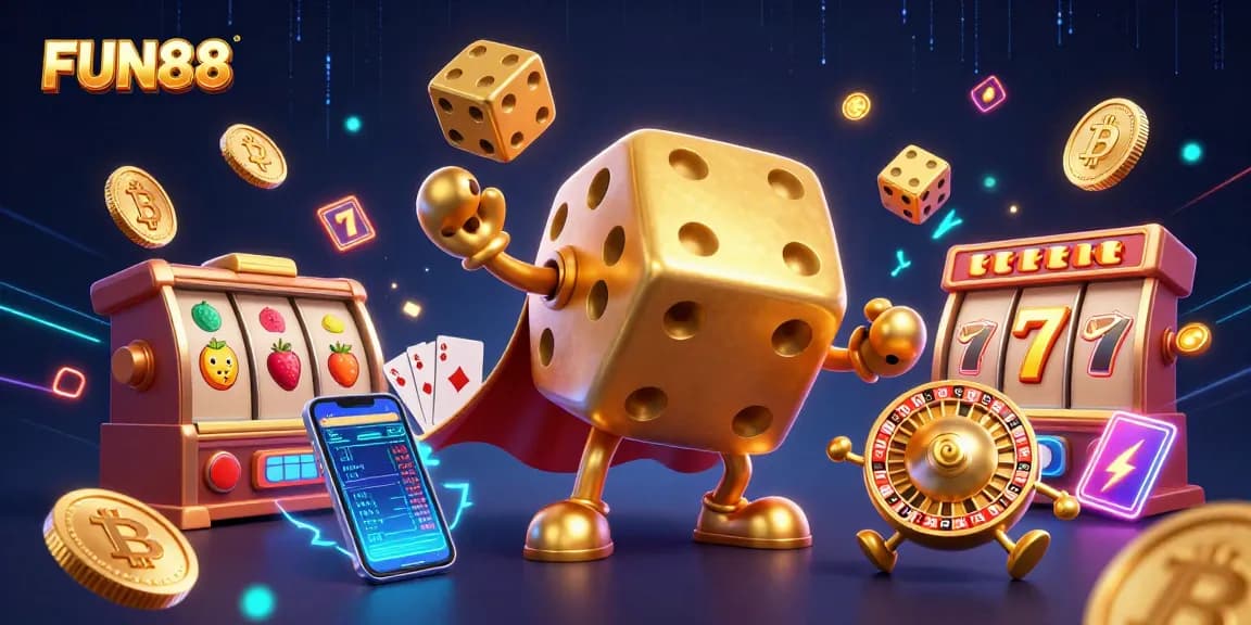 FUN88 interactive casino game illustration with golden dice golem, slot reels, and vibrant crypto elements