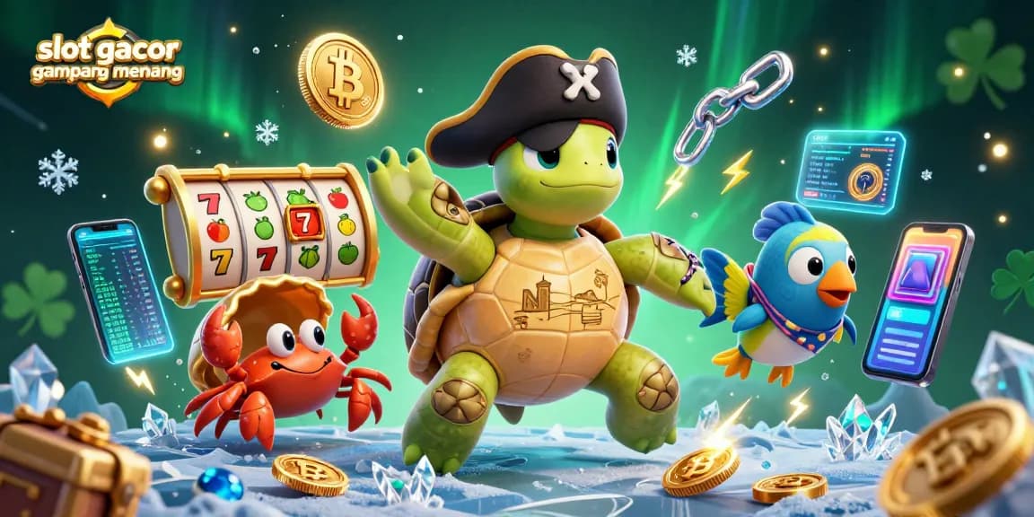 Slot gacor gampang menang dengan karakter hewan laut berwarna cerah bermain di atas harta karun, menampilkan elemen slot yang menarik