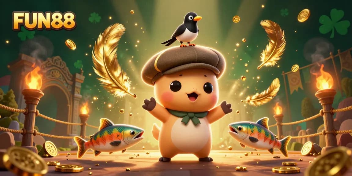 Experience FUN88 excitement with playful characters amidst a vibrant casino illustration scene.