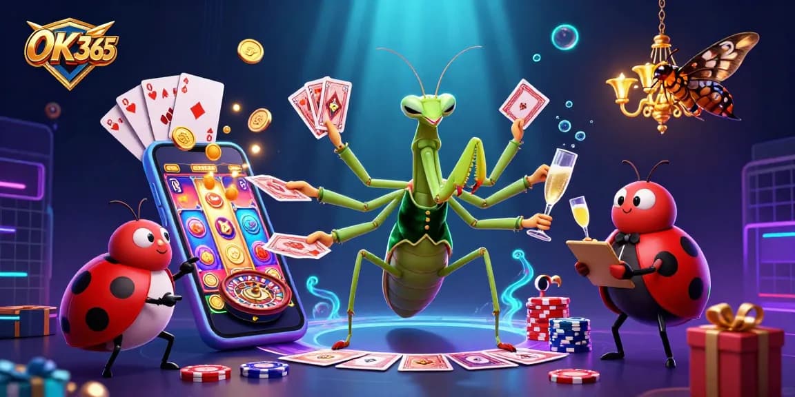 Engage with fun at OK 365, featuring a giant praying mantis card sharp and vibrant casino elements.