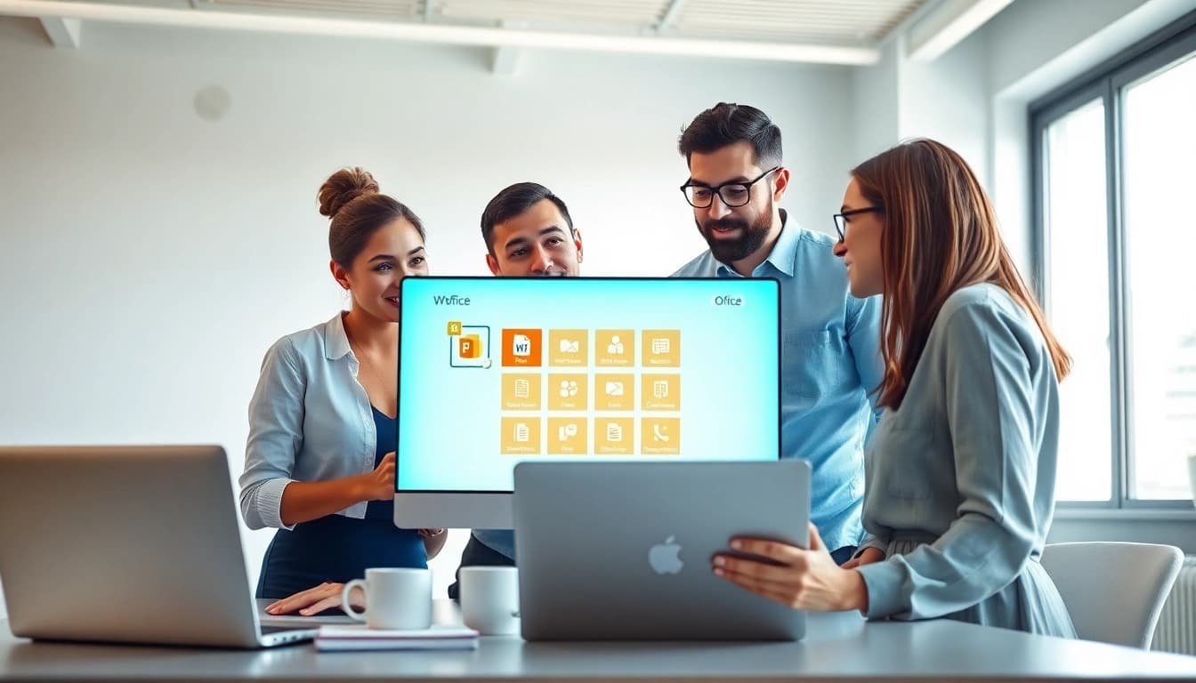 团队在明亮的办公室环境中协作,使用 WPS Office 软件实现高效生产力。
