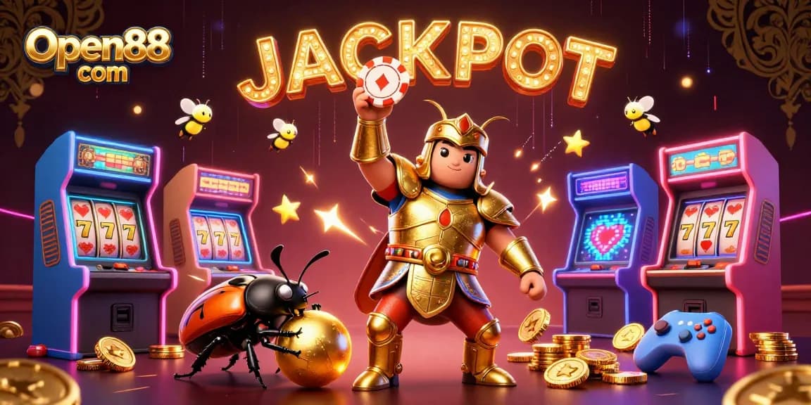 Play thrilling games and win big at Open88 com with vibrant 3D illustrations showcasing jackpot excitement.