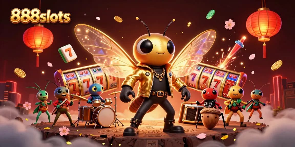 Win at 888slots with a vibrant casino-themed celebration showcasing dynamic slot reels.