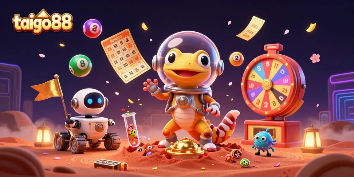 Engage in tai go88 with a Martian gecko discovering a golden casino, surrounded by vibrant game elements.