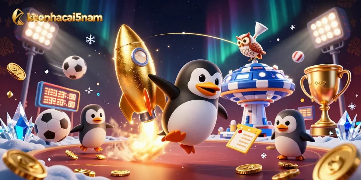 Bet on keonhacai5nam with a vibrant casino scene featuring a golden penguin and dynamic sports elements.