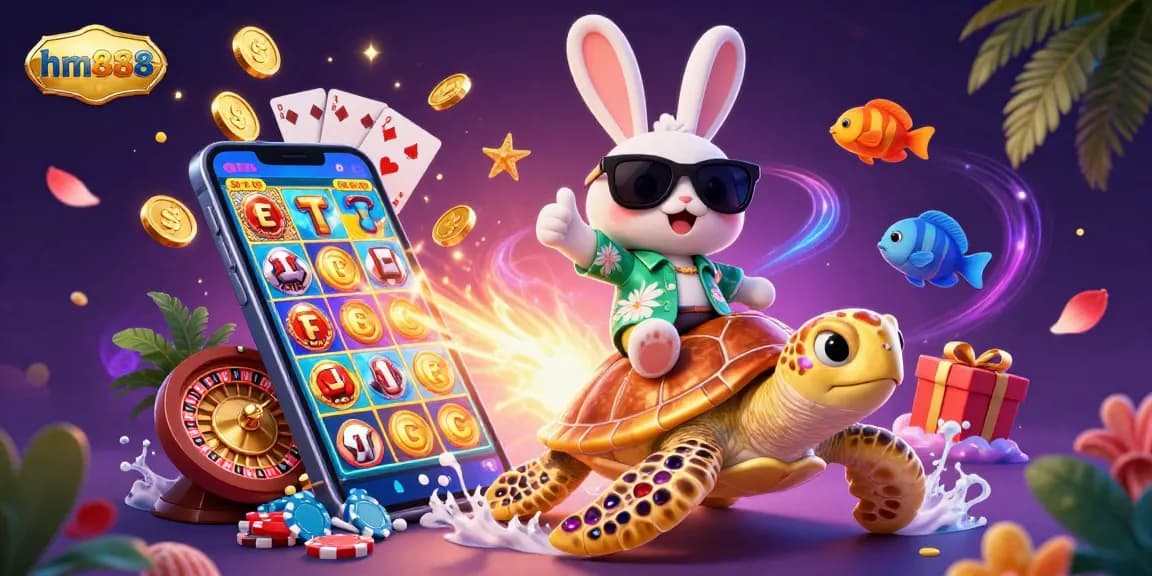 Experience the excitement of hm888 with a 3D lucky rabbit and golden turtle in a vibrant casino scene.