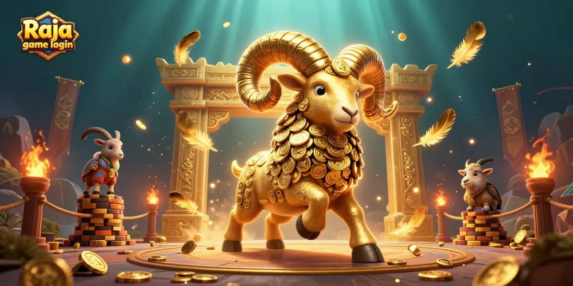 Engage in Raja game login with a vibrant 3D scene featuring golden ram and dynamic casino elements.