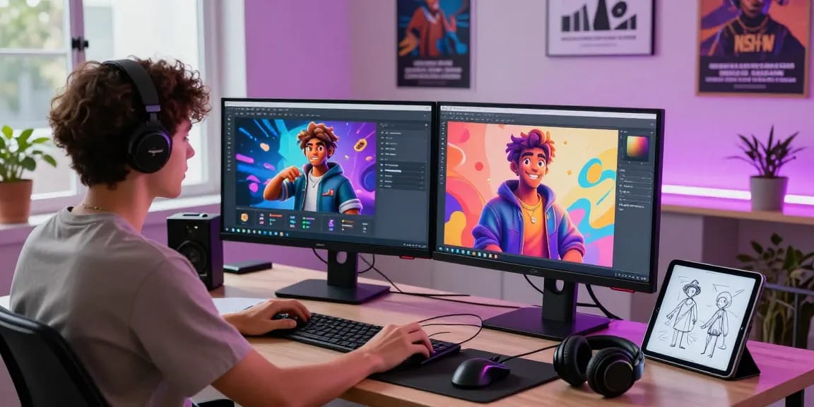 Engaged AI user customizing character ai nsfw interactions with vibrant interface in a modern workspace.