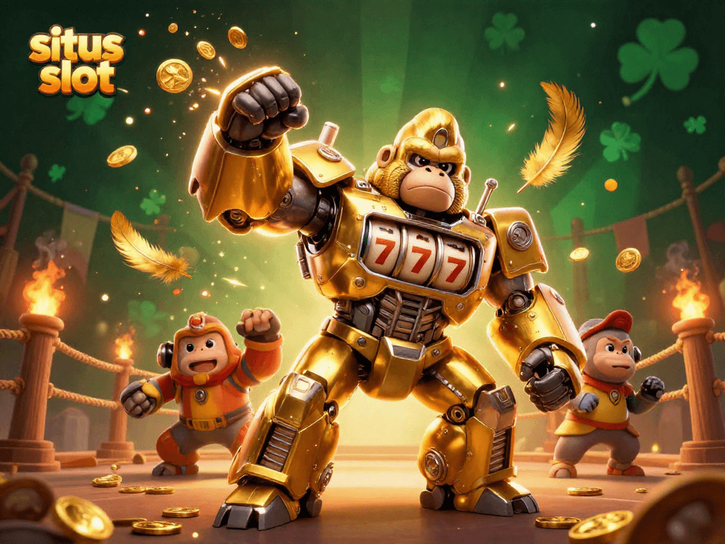 Experience situs slot excitement with a golden gorilla mech amidst dynamic casino elements.