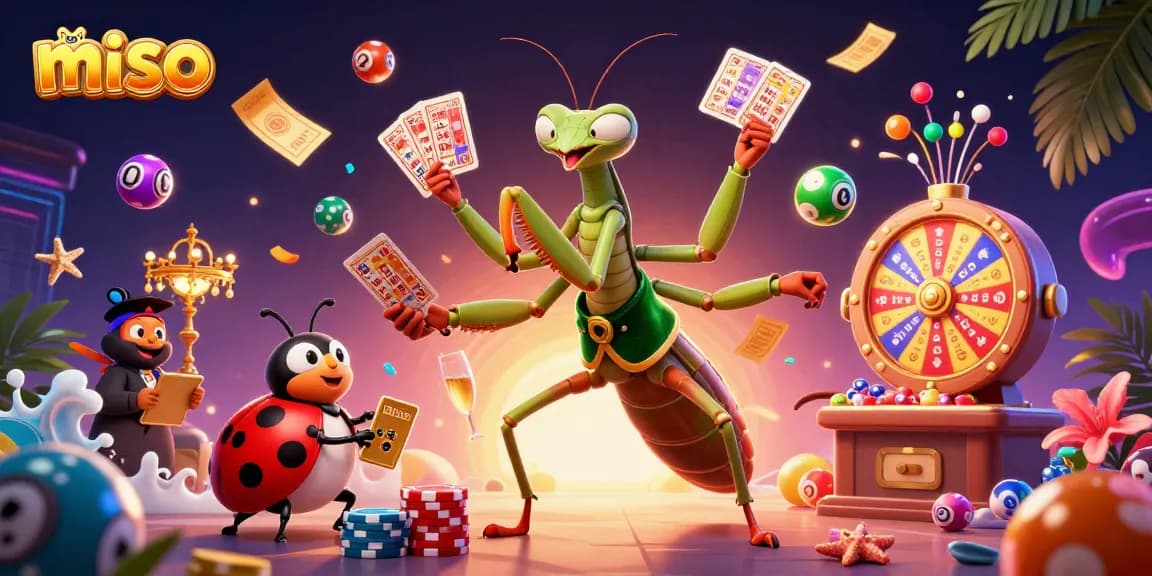Miso-themed vibrant casino illustration showcasing dynamic card dealing and lottery excitement