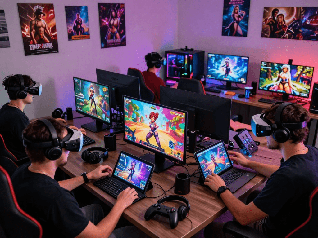 Engaging scene of diverse adult gamers playing free porn games on multiple devices in a vibrant gaming room.