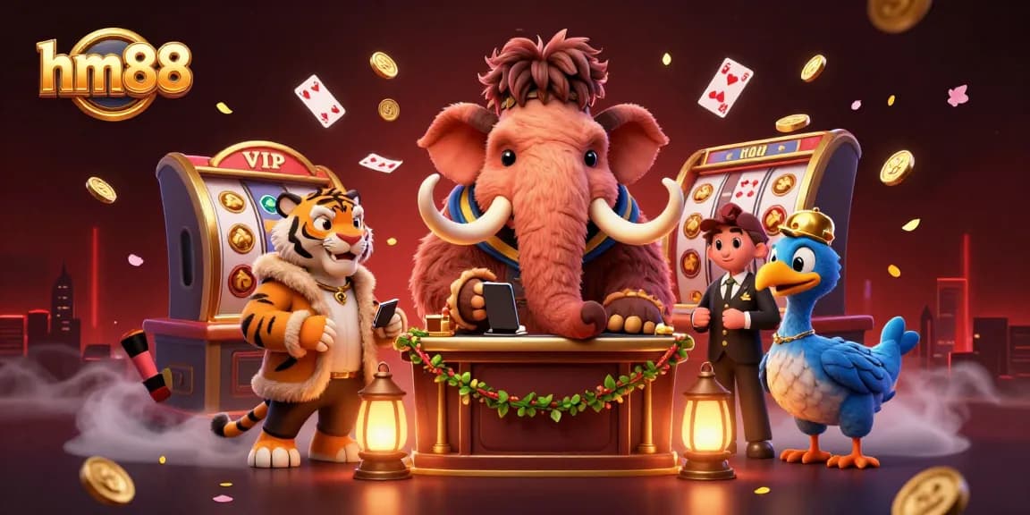 Experience the vibrant gaming world of hm88 with a whimsical casino bouncer, VIP guest, and immersive slot reel elements.