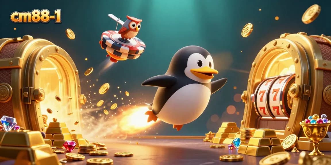 Experience the thrill of cm88-1 as the golden penguin rockets toward a casino adventure filled with treasure.
