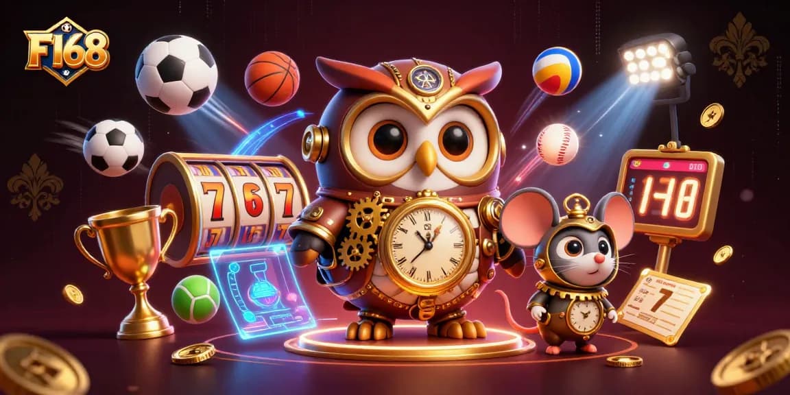 Experience F168's thrilling cartoon scene with an owl, showcasing key gaming elements in an immersive casino tutorial.