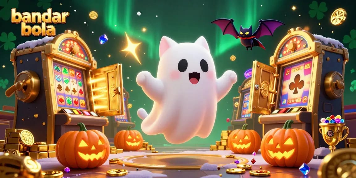 Spin the reels with bandar bola in a lively 3D casino featuring a ghost cat and treasures.