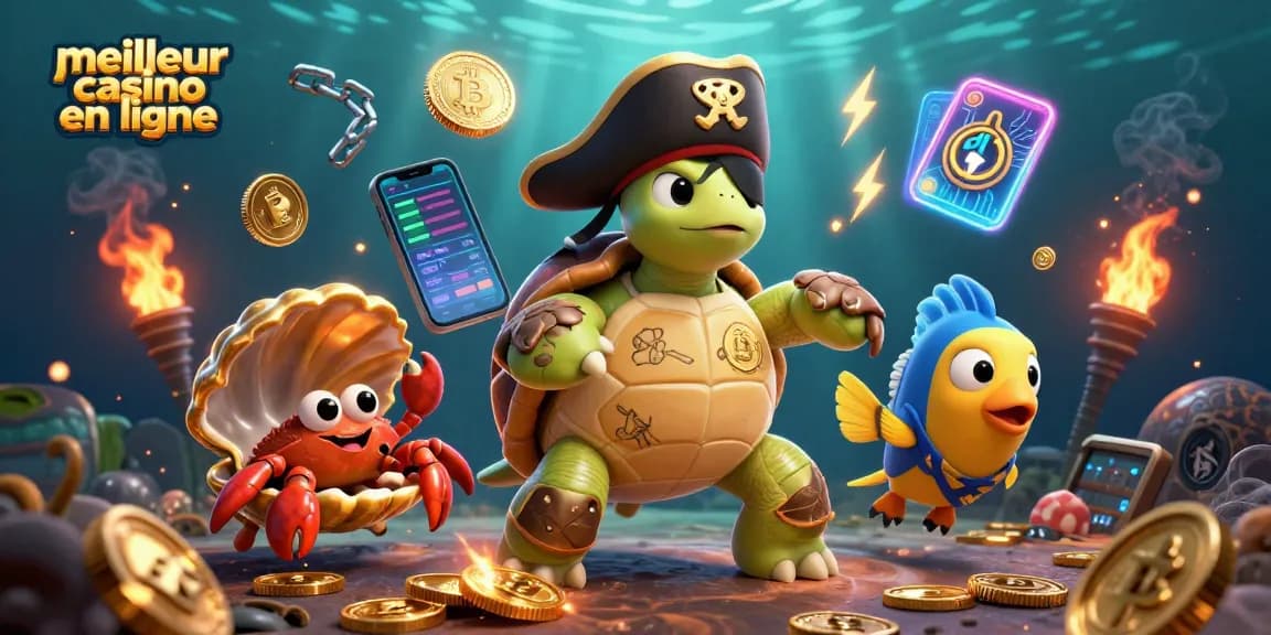 Découvrez le meilleur casino en ligne avec une illustration 3D de tortue pirate, crabe et poisson.
