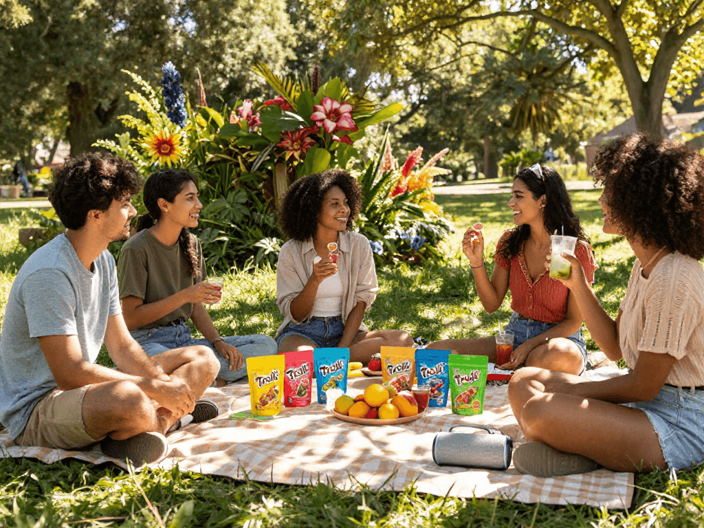 Taste the joy of Trolli candy with vibrant THC edibles during a refreshing outdoor picnic, promoting natural wellness.