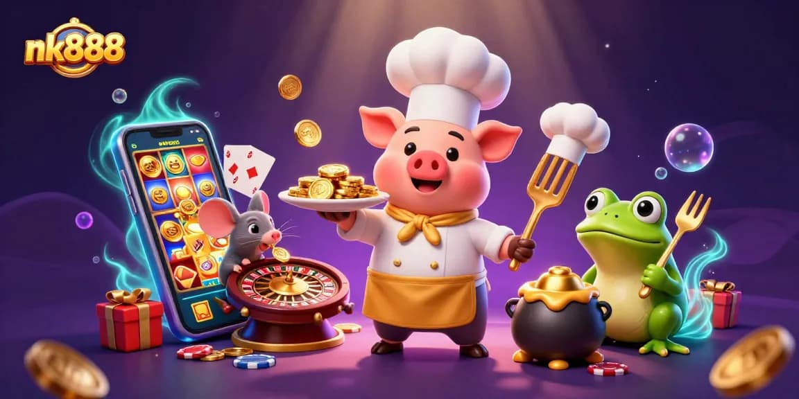 Experience the excitement of nk888 casino as a chef pig serves gold coins, surrounded by dynamic gaming elements.