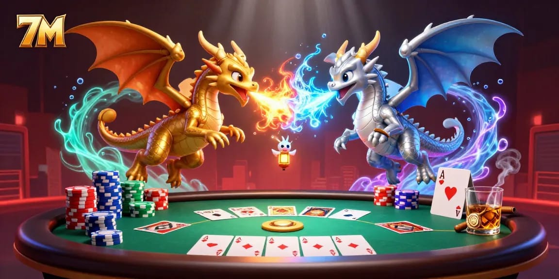 Experience thrilling gameplay with 7M, featuring gold and silver dragons at a poker table.