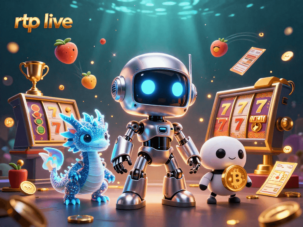 Experience rtp live action in this vibrant casino scene featuring dynamic slot elements and 3D mascots.