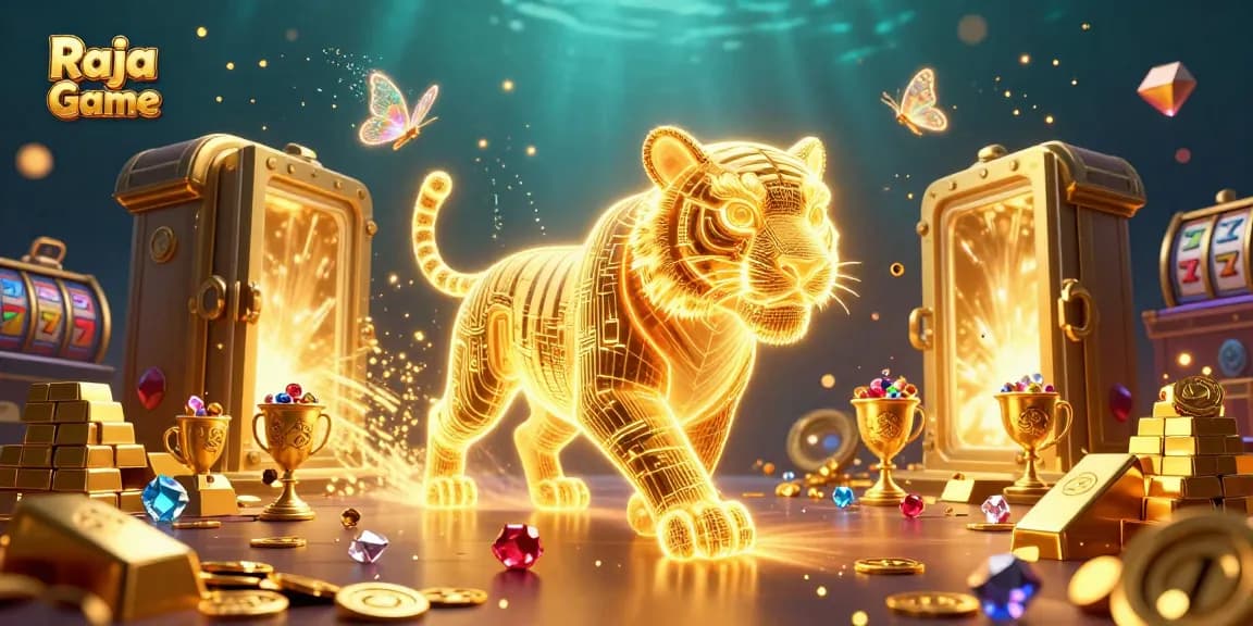 Experience thrilling gameplay with Raja Game in a vibrant 3D casino scene featuring a neon tiger and slot elements.
