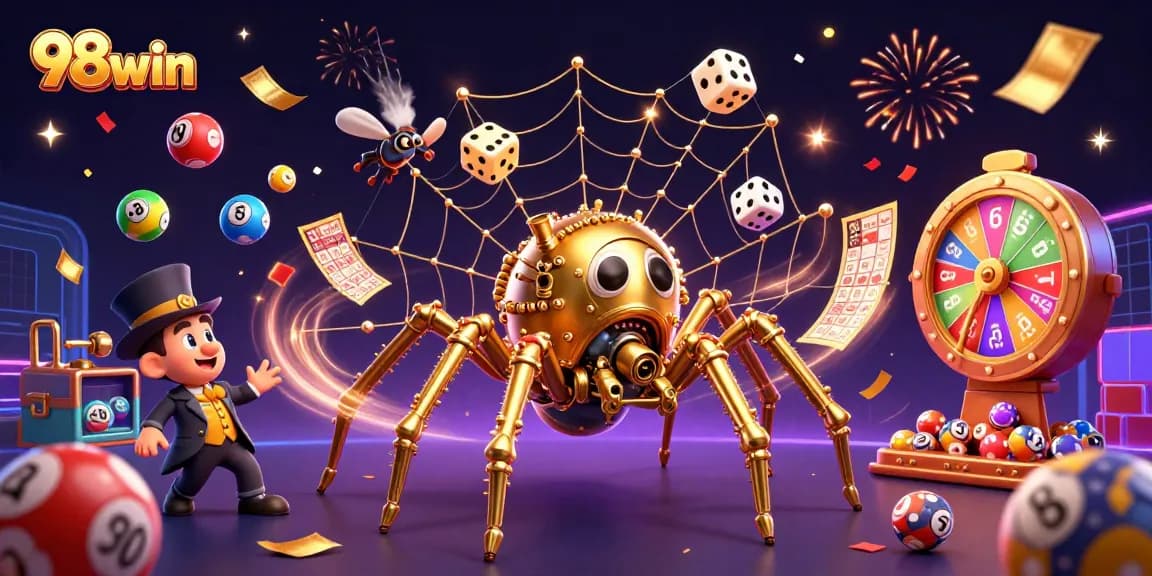 Experience thrilling gaming action with 98win in this vibrant 3D casino illustration featuring lottery elements.