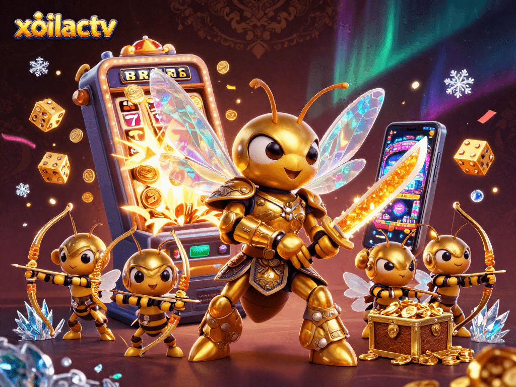 Experience gaming thrills with xoilactv at a dynamic casino scene featuring vivid elements and characters.