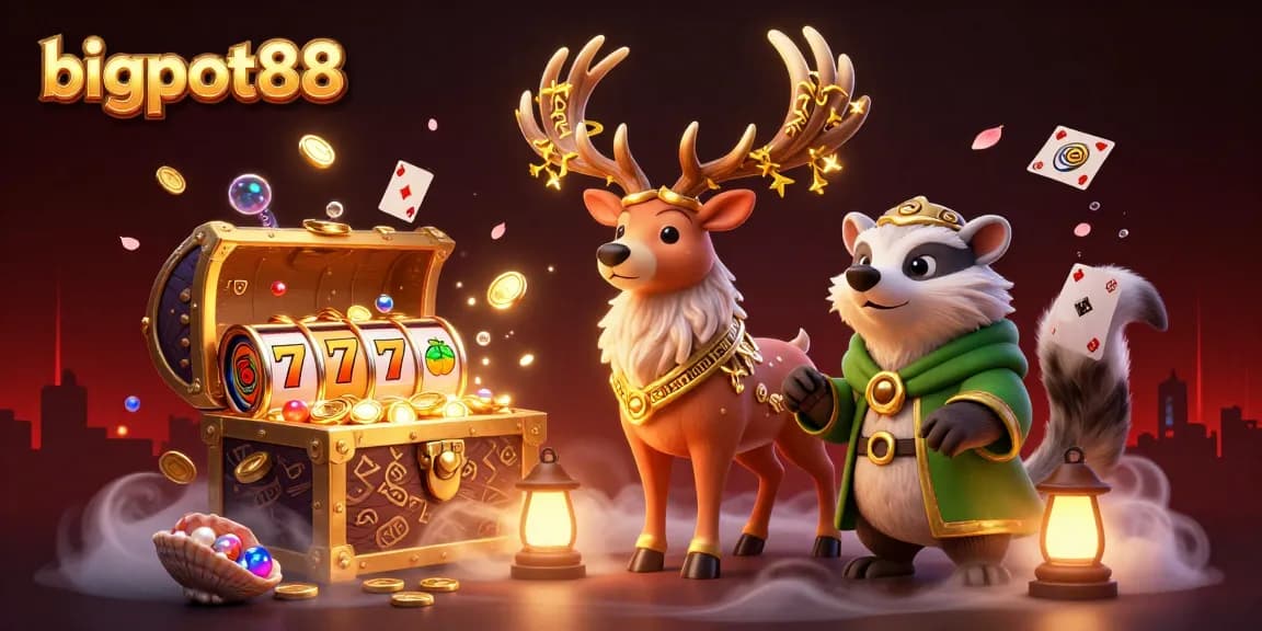 Engage with bigpot88 in a vibrant casino scene featuring a druid stag, lush treasures, and mystical elements.