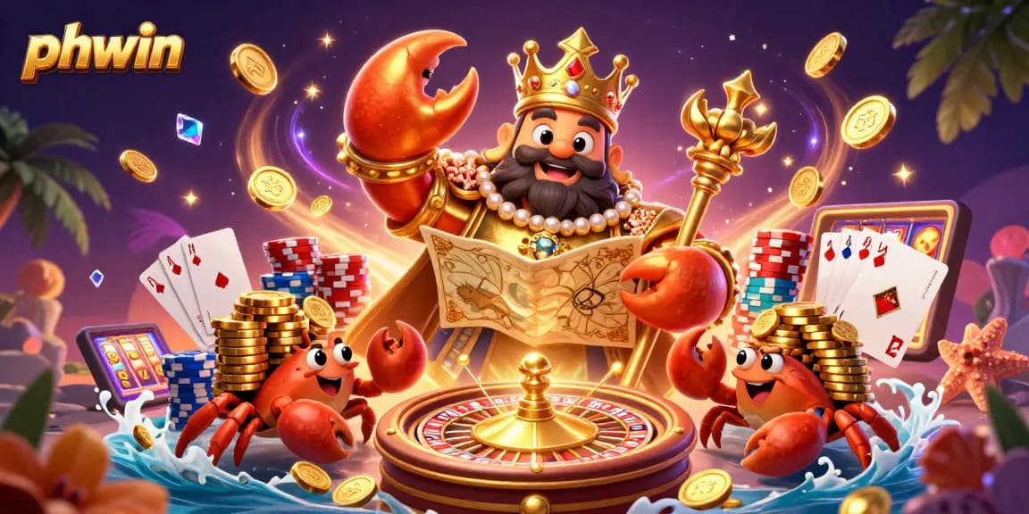 Engage with phwin's immersive gaming experience featuring a golden crab emperor amidst vibrant casino elements.