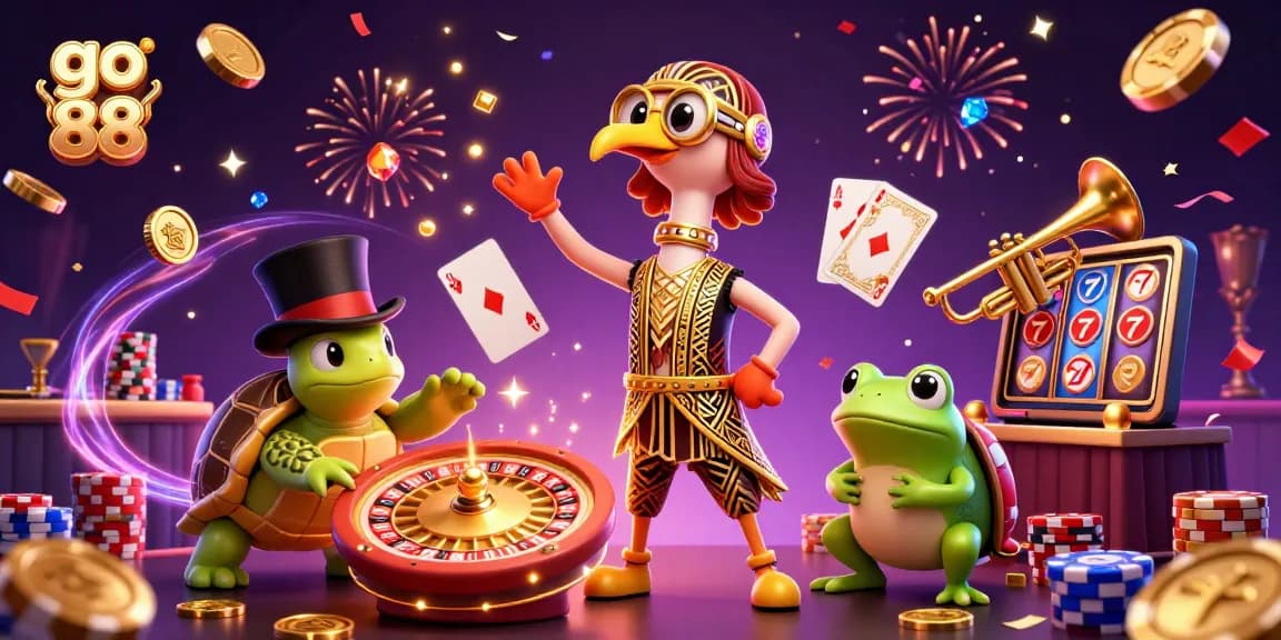 Spin the reels and win at go 88 casino with a vibrant scene of animated casino characters.