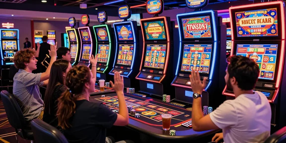 Players celebrating a big win at vibrant slot machines in a lively casino