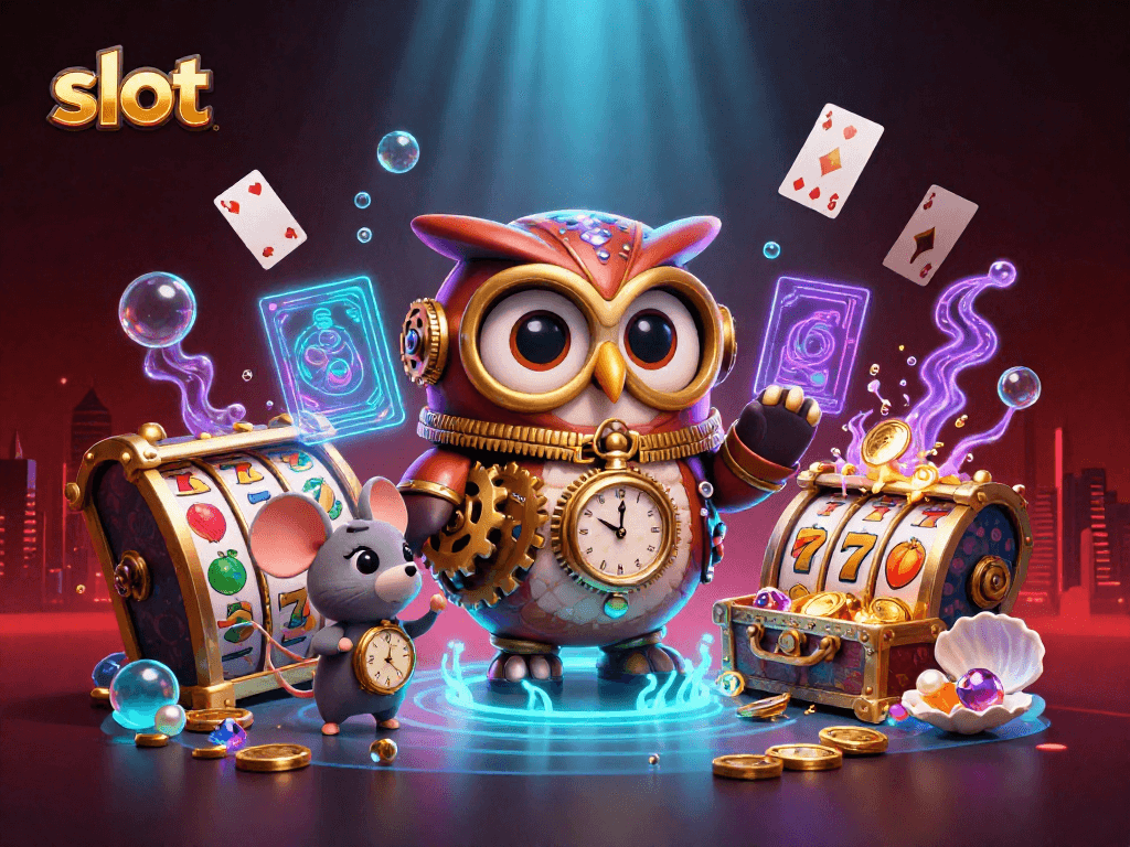 Spin vibrant slot reels guarded by a steampunk owl amidst sparkling treasures and playful bubbles.