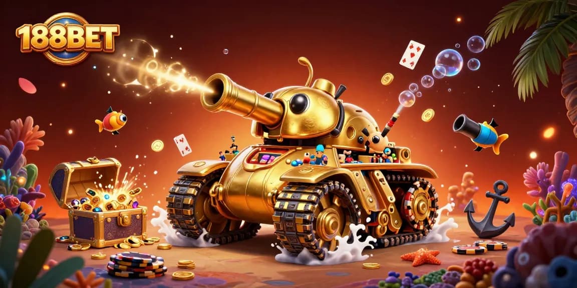 188BET showcases an exciting casino experience with a dynamic golden beetle tank and scattered treasures.