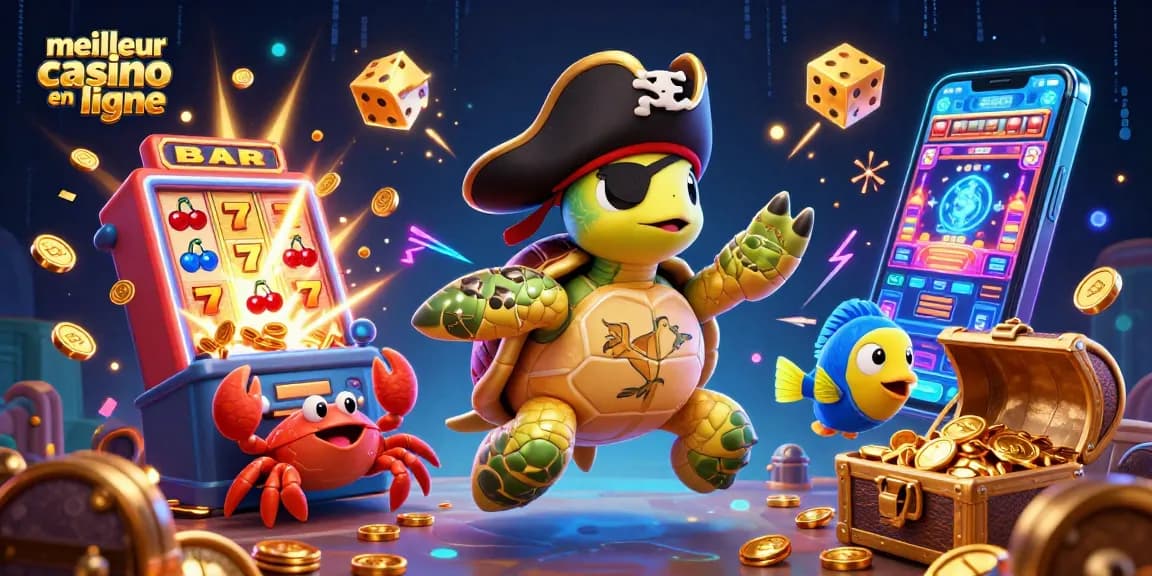 Jouer au meilleur casino en ligne avec une tortue pirate 3D et un crabe hermite, dans un univers de trésors.