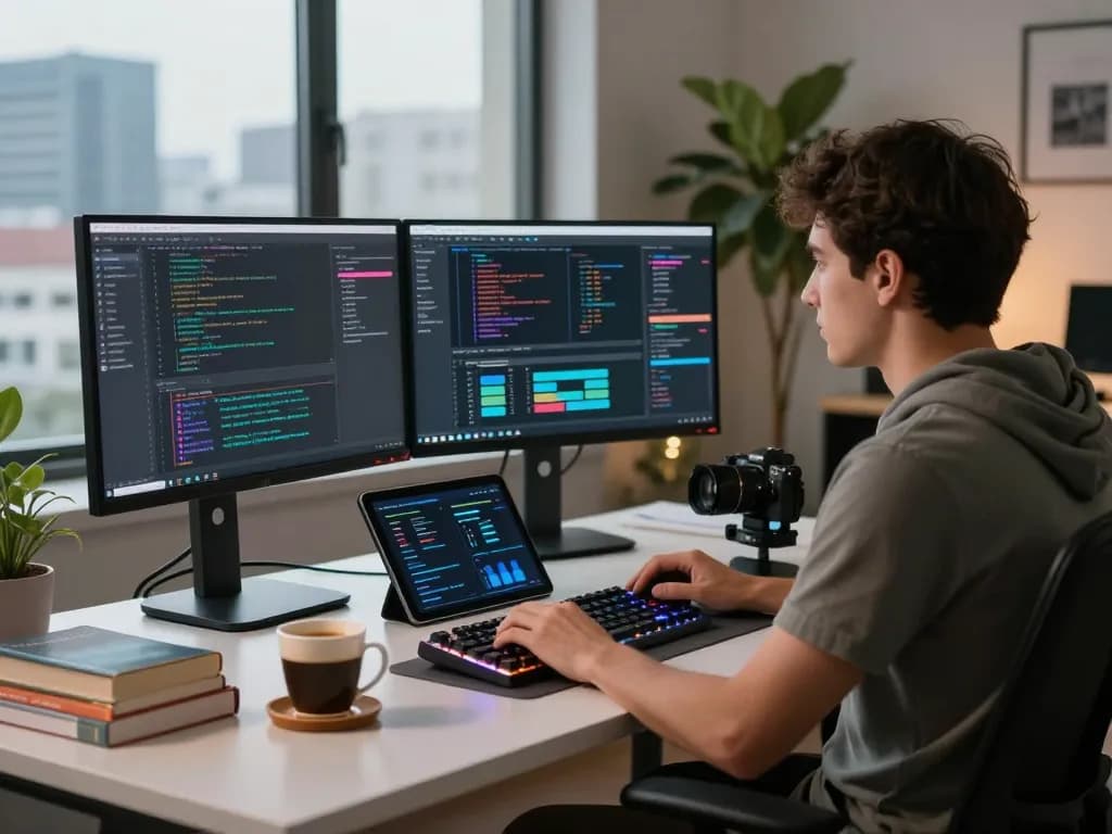 Developer engaging with openclaw personal AI assistant in modern workspace with dual monitors and coding setup