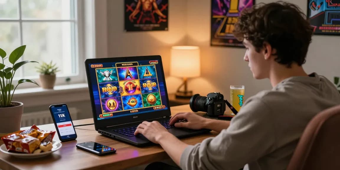 Player engaging in online gaming with slot deposit 1k on laptop, snacks on desk, and vibrant game visuals.