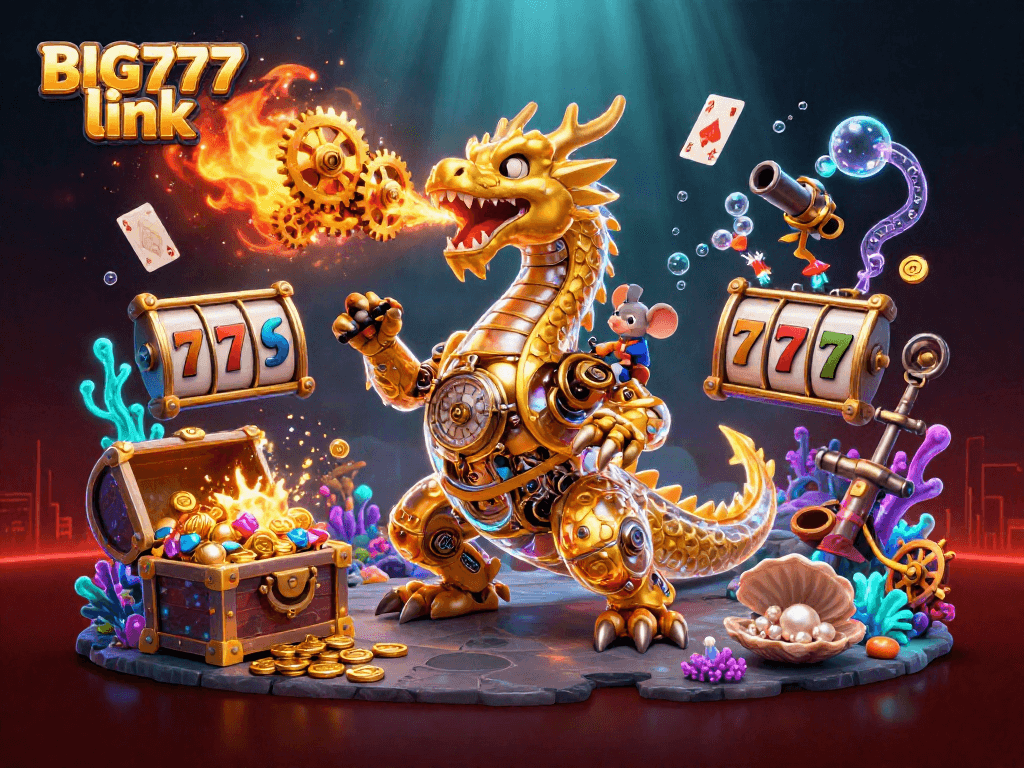 Engage with the thrilling BIG777 link as a golden dragon breathes gears amidst slot reels and treasures.
