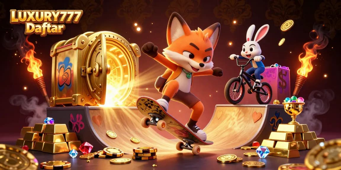 LUXURY777 Daftar menawarkan gameplay kasino yang seru dengan karakter lucu dalam ilustrasi kasino penuh warna.