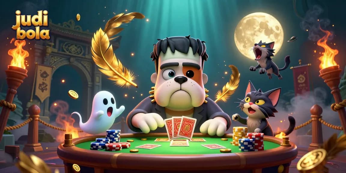 Experience judi bola with a lively 3D cartoon scene showcasing a bulldog dealer, ghostly mouse, and howling kitten.