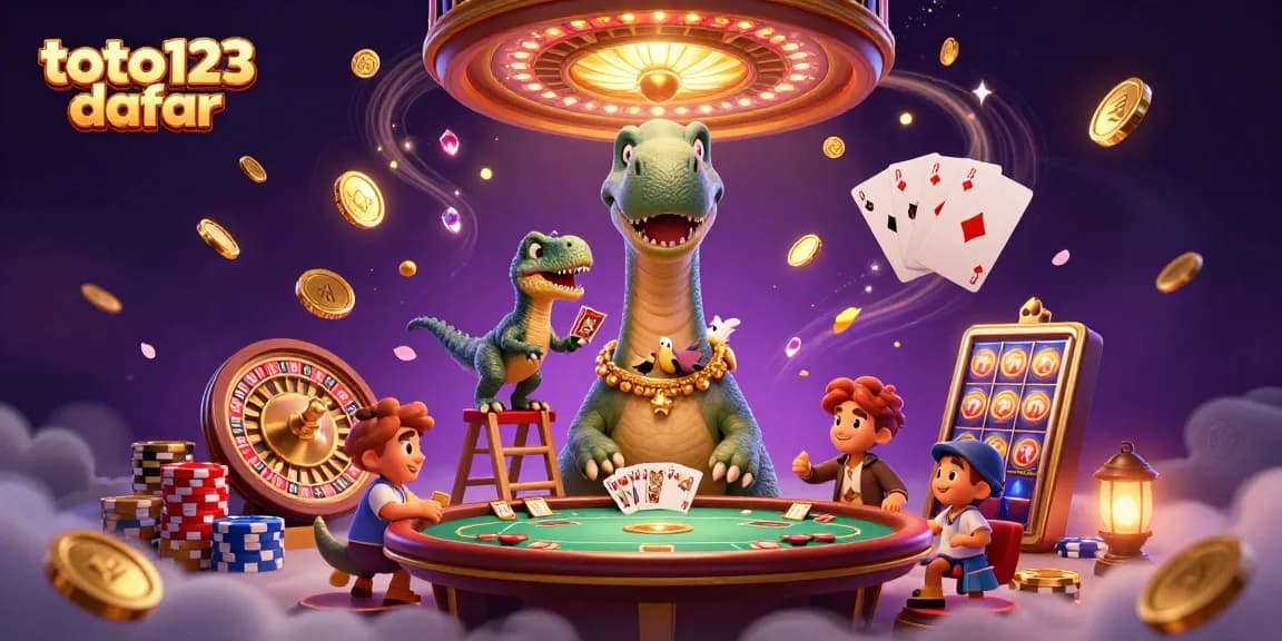 Toto123 daftar showcases immersive online gaming with a towering brontosaurus and a clever raptor dealing cards.