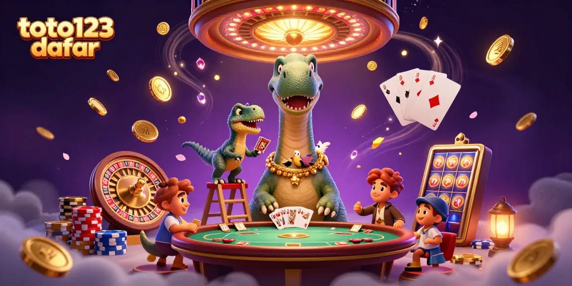Toto123 daftar showcases immersive online gaming with a towering brontosaurus and a clever raptor dealing cards.