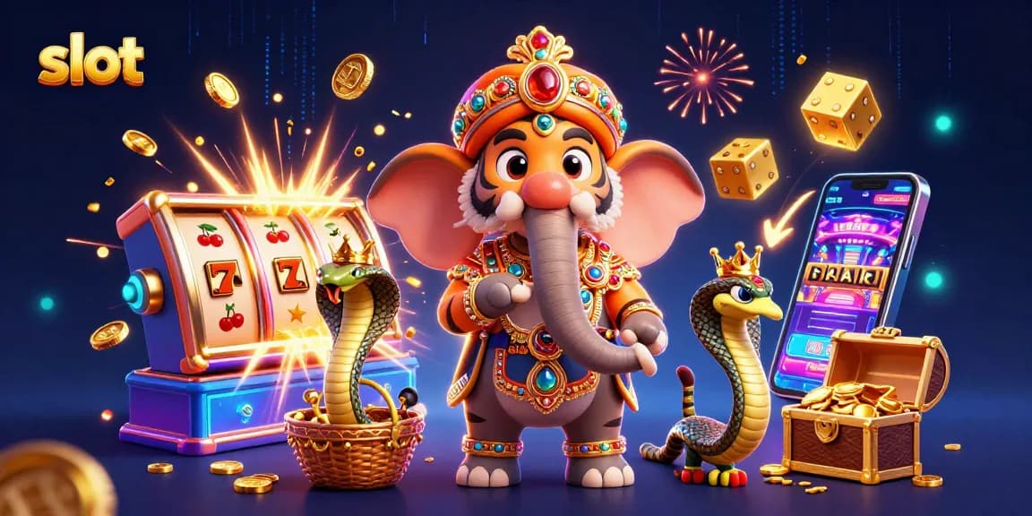 Spin slot machines with an Indian maharaja tiger and jewel-encrusted elephant in a vibrant casino scene.
