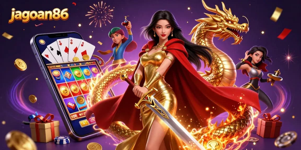 Engage with jagoan86's vibrant casino world featuring a warrior queen in a dynamic 3D scene.