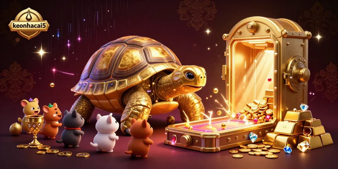 Experience thrilling casino action with keonhacai5 featuring a golden tortoise pinball machine, jewels, and vibrant energy!