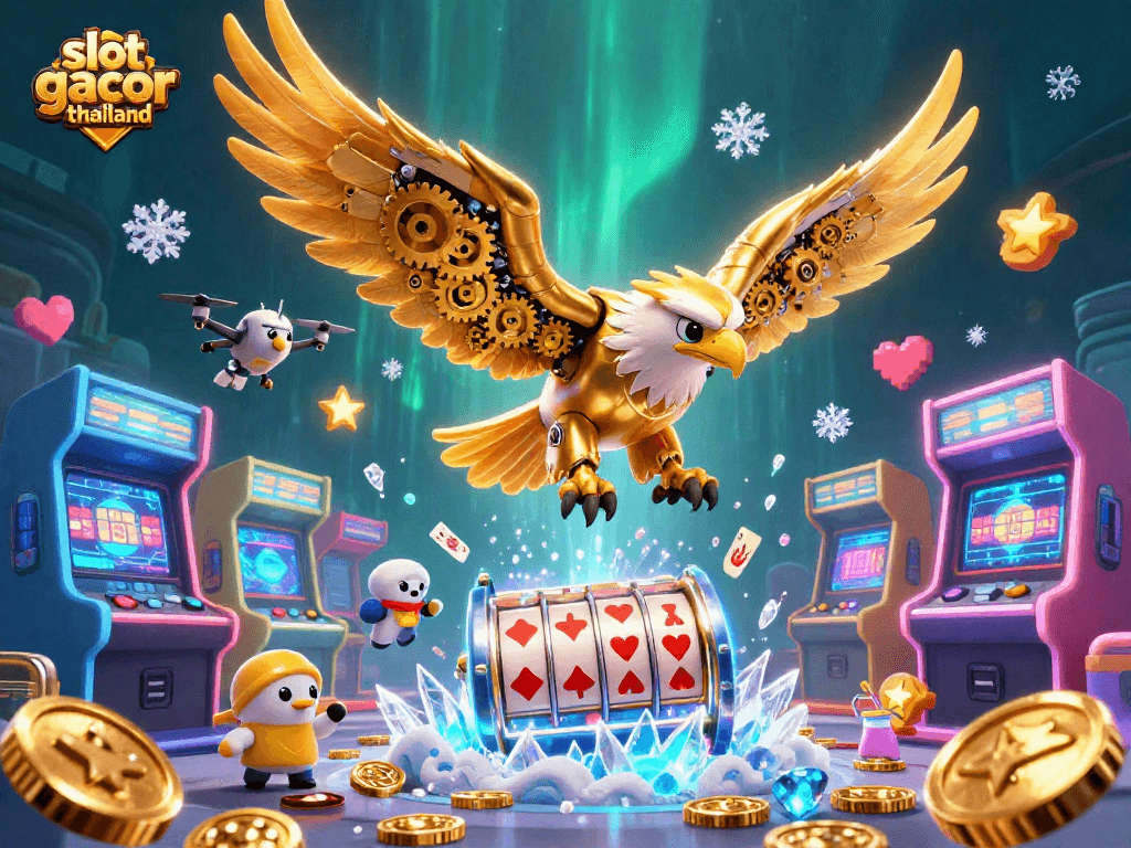 Experience slot gacor thailand in a dynamic 3D scene with cybernetic eagle, slot reels, and arcade elements.