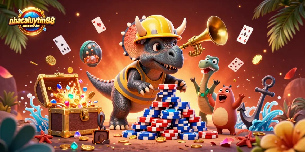 nhacaiuytin88 celebrates a gaming victory in a vibrant casino-themed illustration filled with lively characters.
